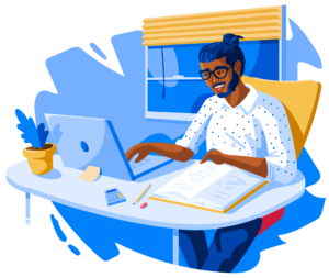 Illustration of male student studying at desk