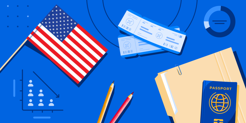 A file folder, a passport, a pair of plane tickets, an American flag, and some school supplies.