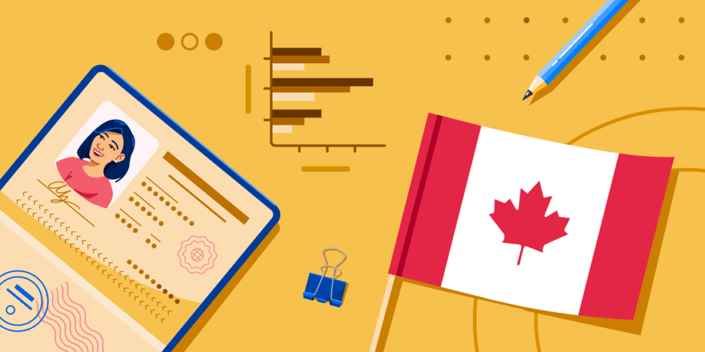 AI Top Canadian Schools 2020 banner featuring Canada flag, open passport with photo, generic charts, and a pencil