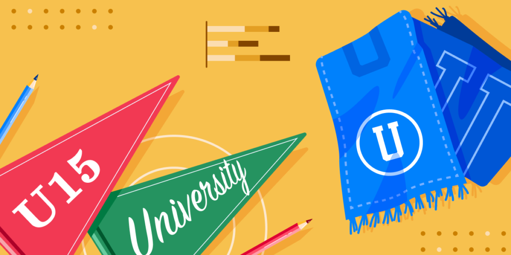 AI: U15 #2 banner featuring a blue scarf, a red pennant with U15 on it and a green pennant with University on it
