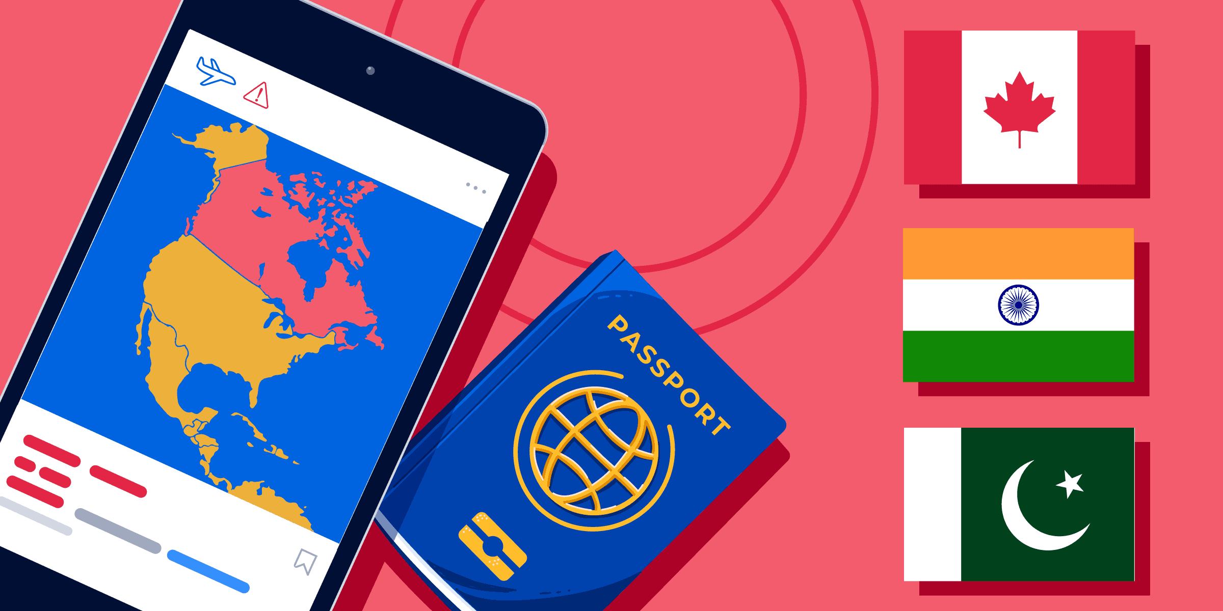 Illustration showing phone, passport and flags of Canada, India, and Pakistan