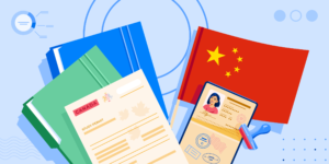 A Chinese flag, a passport, a study permit, and some file folders.