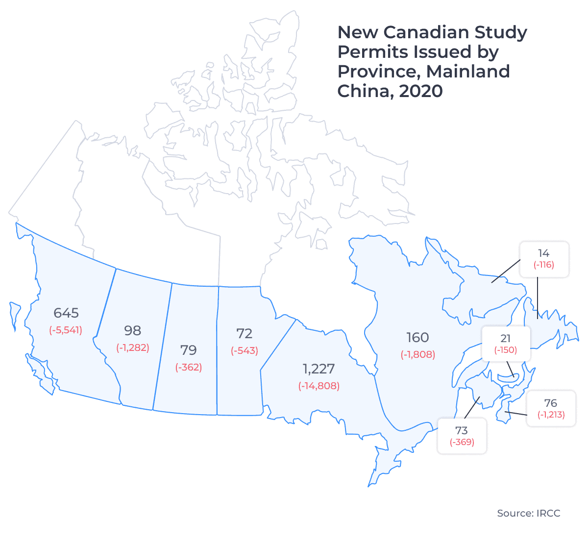 Map showing the distribution of new Canadian study permits issued to Mainland China residents by province of study in 2020. Examined in detail below.