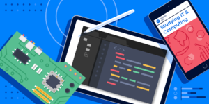 Banner image for ApplyInsights: Computer Science & IT featuring a printed circuit board, a tablet showing code, and a smart phone