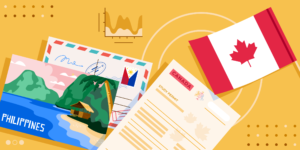 ApplyInsights: Study Permit Trends in Canada – Philippines banner with Canada flag, Philippines postcard, and travel documents