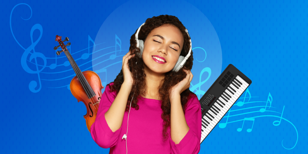Woman student listening to headphones and surrounded by instruments