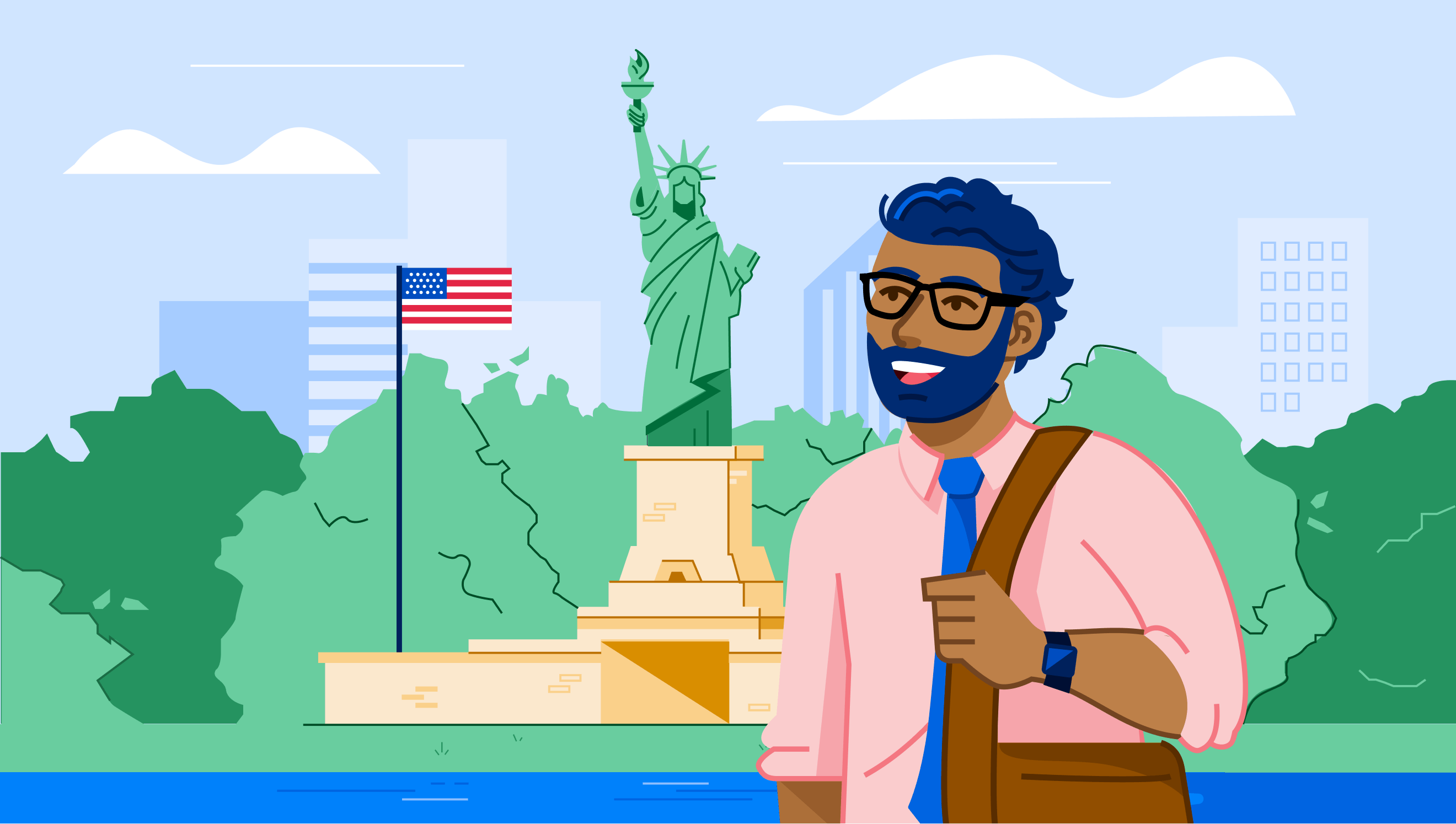 Illustration of man standing in front of Statue of Liberty