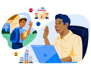 Illustration of a recruitment partner at a laptop waving to a student in a separate illustration. There are smaller illustrations of schools and people which act as image accents.