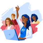 Illustration of female student raising a hand in Canadian high school.