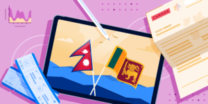 AI Sri Lanka & Nepal banner featuring flags of both countries, immigration documents, and a tablet