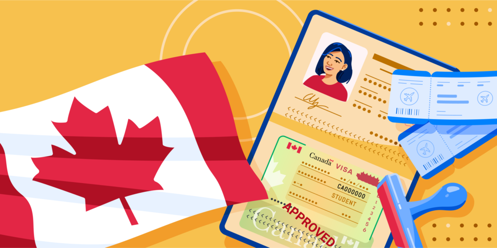ApplyInsights: Applicant Age a Major Factor in Canadian Student Visa Approval banner featuring Canadian flag, visa, stamp, and plane tickets