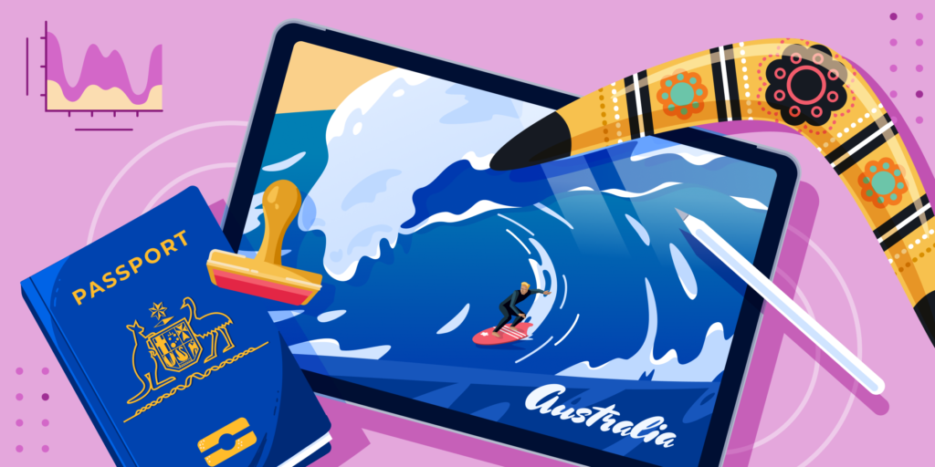 AI: Australia Student Visa Trends in 2020/21 banner featuring a picture of surfer on a big wave, a passport, and a boomerang