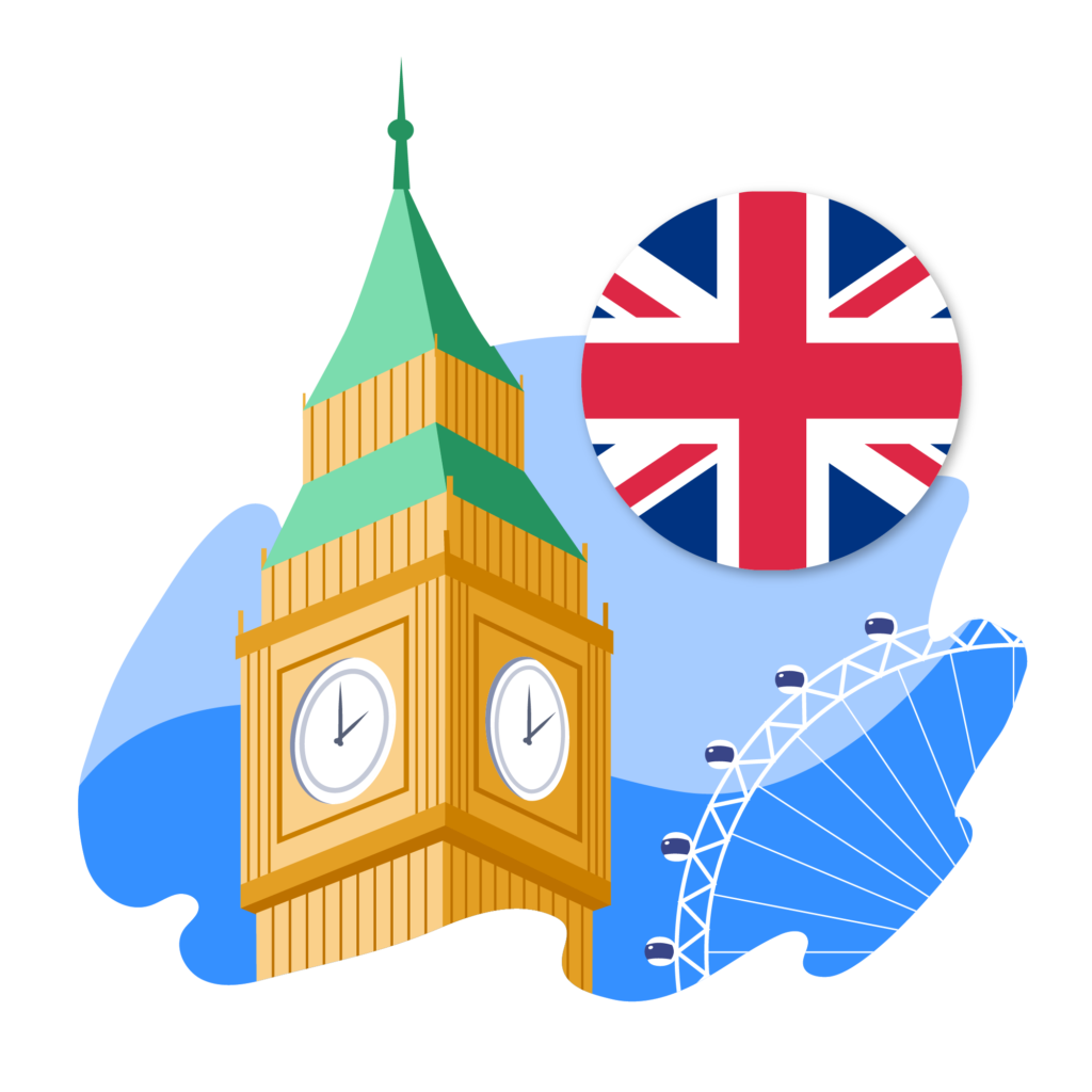 A graphic of the United Kingdom's flag, clock tower, and ferris wheel.