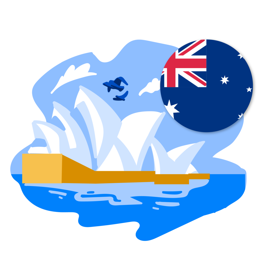 A graphic of Australia's flag and Sydney Opera House.