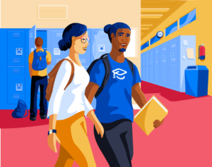 An illustration of students walking through a hallway.