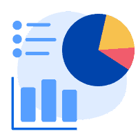 A series of charts (pie chart, bar chart, listing) mostly in blue with some red and yellow highlights.