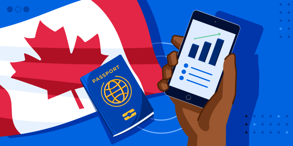 ApplyInsights: Mature International Students Drawn to Canadian Colleges banner featuring Canadian flag, passport, and graph on a cellphone