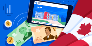ApplyInsights: The Economic Impact of the Pandemic on Canadian Universities banner featuring Canada flag, $100, $20, and tablet screen