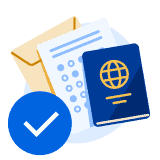 Documents (envelope, passport, test result) with a blue checkmark over top.