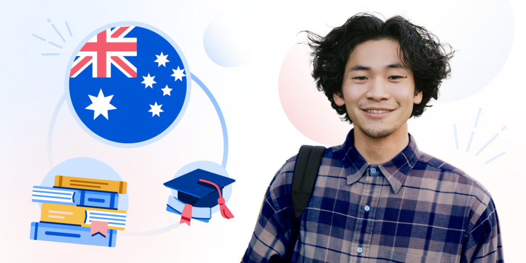 An illustration of a male student with Australia's flag, grad hat, and books graphic behind him.