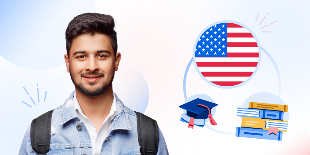 An illustration of male student with American flag, grad hat, and books graphic behind him.