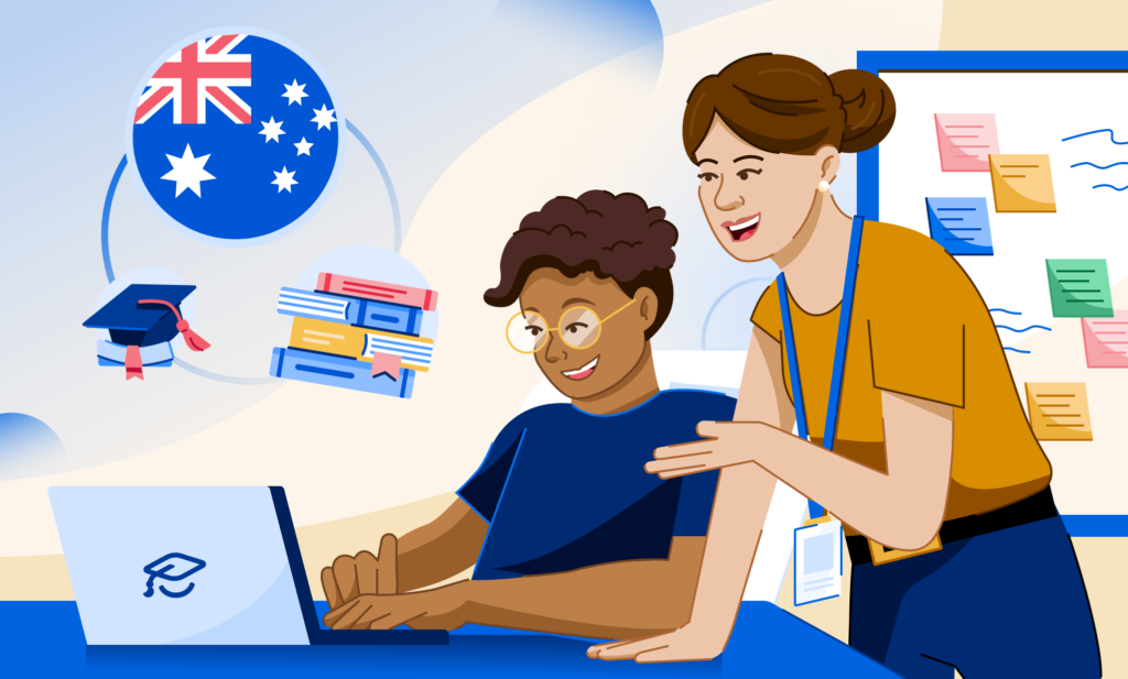 An illustration of two students at a desk with Australia's flag, grad hat, and books graphic behind them.