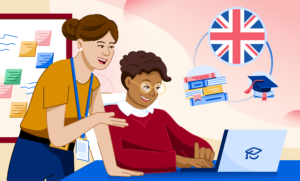 An illustration of two students at a desk with Britain's flag, grad hat, and books graphic behind them.