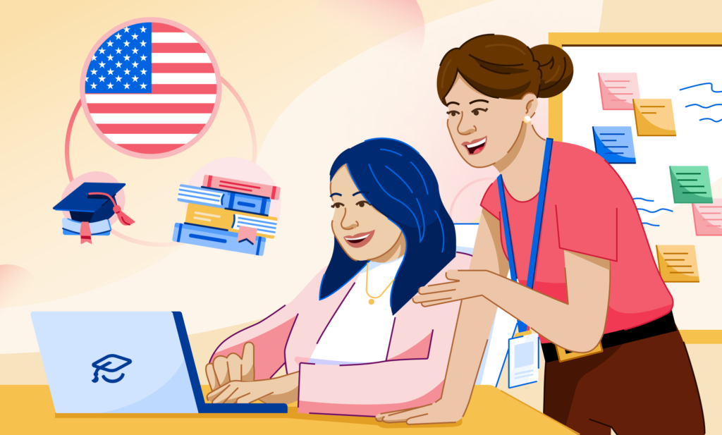An illustration of two female students at a desk with the US flag, grad hat, and books graphic behind them.