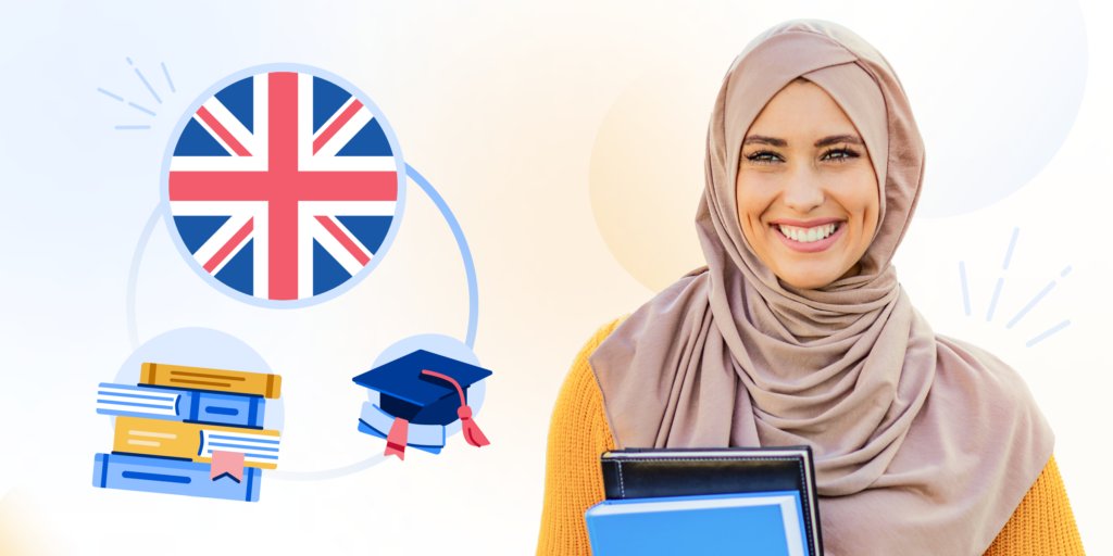 An illustration of a female student with Britain's flag, grad hat, and books graphic behind her..