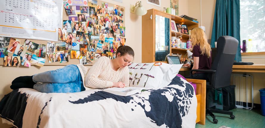 A Wilfred Laurier University student studying in her cozy dorm room with her bulletin board collage on the wall behind her.
