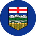 A crest topped by a red cross on a white field; below the cross, blue skies back snow-capped mountains, green rolling hills, and farmland with golden wheat, representing Alberta's official crest