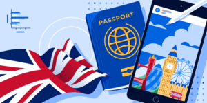 A British flag, a passport, and a smartphone showing an image of London.