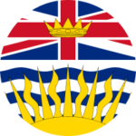 British Columbia's flag (segment): the top half is the Union Jack, topped by a golden crown at the heart of the flag. The bottom half displays white and blue waves topped by a radiant sunburst emerging from the bottom of the frame.