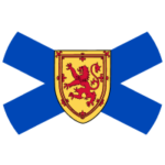 An illustration of the Nova Scotia crest: a white background with a blue angled cross, topped with a gold shield decorated by a red lion rampant in a red barbed frame