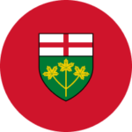 Ontario's crest: a red background, on which sits a shield, divided in two parts: a red cross on a white background, over top of a trio of golden maple leaves on a forest green background.