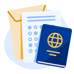 A passport and envelope with application documents, such as a statement of purpose and proof of funds for Canada student visa.