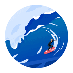 An illustration of a blond man surfing a huge ocean wave.