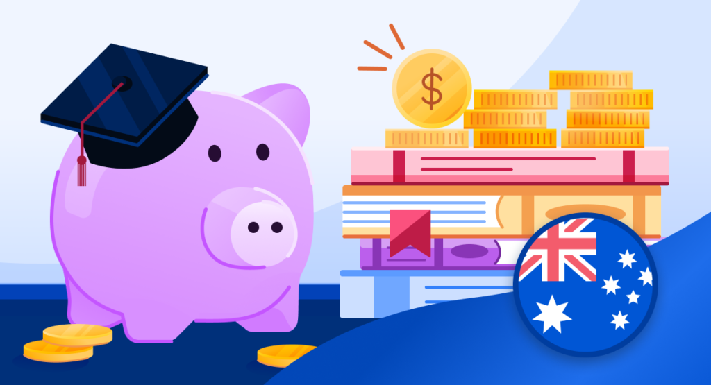 A mauve piggy bank with a graduation cap sits beside a stack of books and coins.