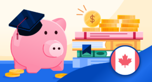 A pink piggy bank wearing a graduation cap sits beside a stack of coins and books.