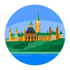 An illustration of Canada's Parliament buildings. (Yellow brick with a green copper roof; a Canadian flag flies overhead.)