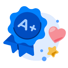 A blue ribbon with A+ written on it, beside a cartoon heart and a star