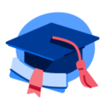 A graduation cap with a red tassel sits behind a closed scroll