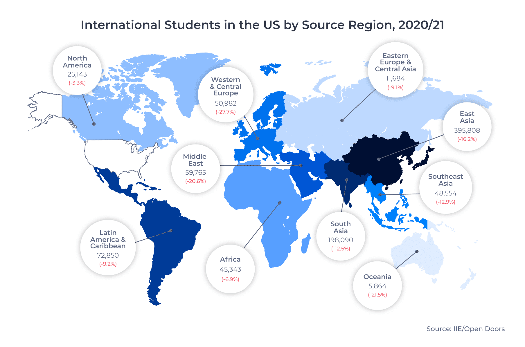 World map showing the decline in international students in the US by source region. Explored in more detail below.