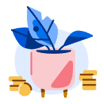 An illustration of a blue potted plant next to some gold coins.