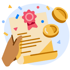 A hand holding a scholarship letter, overlaid with confetti and gold coins.