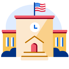 Illustration of a school with a US flag.