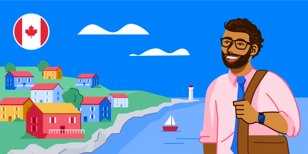 An illustrated scene of Canada's east coast (two storey buildings along a gentle coastline; the buildings are painted bright, primary colours, and there is a lighthouse at the end of the peninsula.) At right, an illustration of a male student carrying a book bag smiles at the landscape.