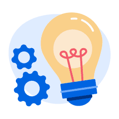 An illustration of a lightbulb with two gears. (Core value: Innovating)