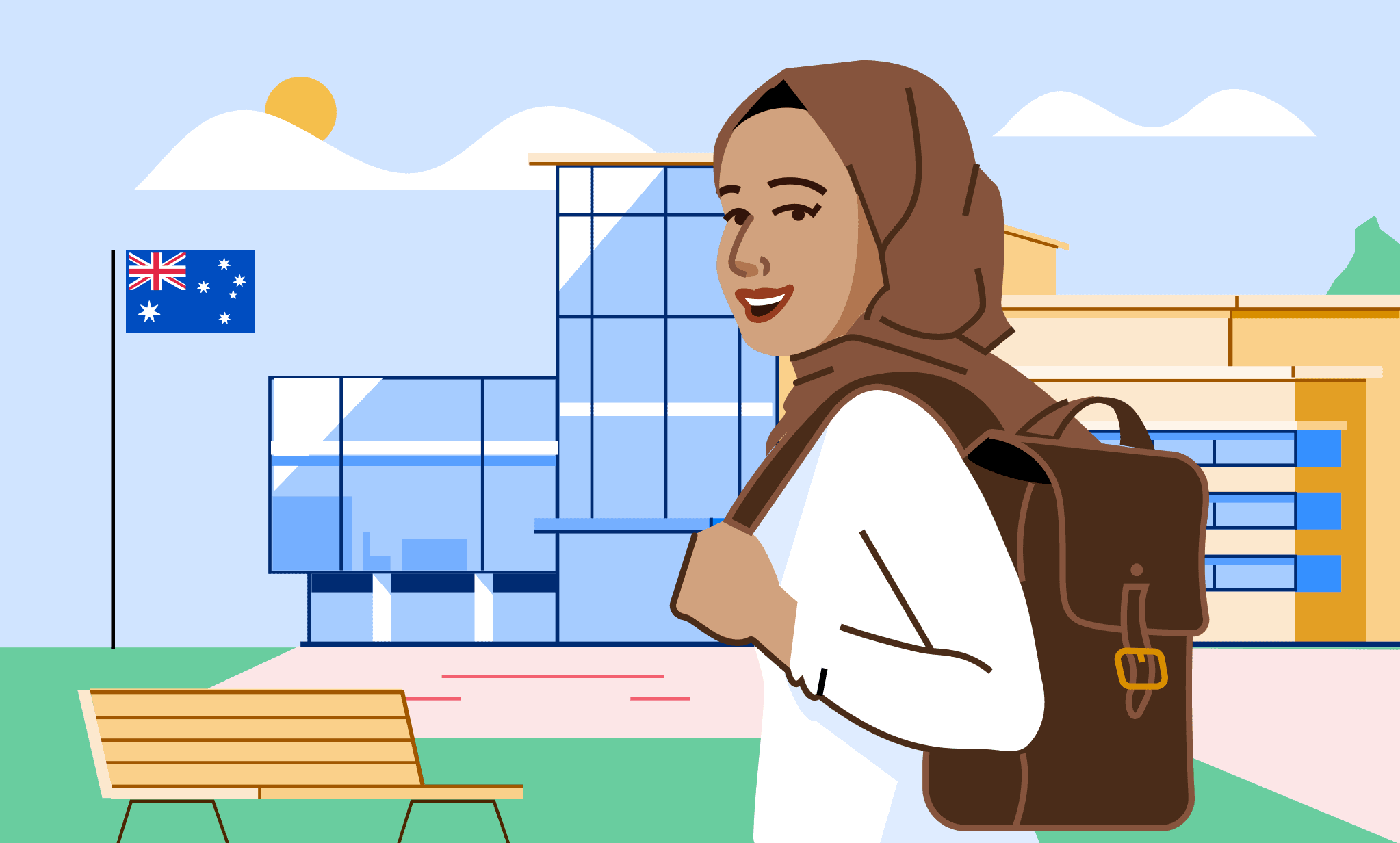 An illustration of a woman wearing a hijab and a white shirt, carrying a backpack, stands in front of a glass school building which is flying an Australian flag.