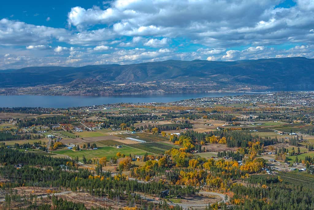 A fall landscape with green and yellow trees, a city in the midground, and mountains in the background (Kelowna, BC)